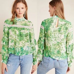 Anthropologie / Angelina Ruffle-Sleeved Silk Peasant Blouse in Green Pattern